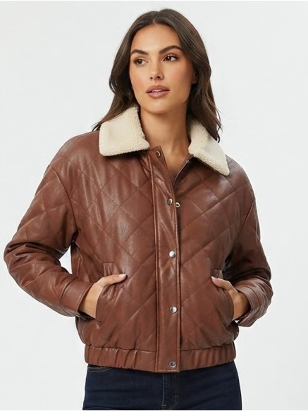 Forever 21 Brown Quilted Faux Leather Bomber Jacket with Sherpa Collar Size Larg